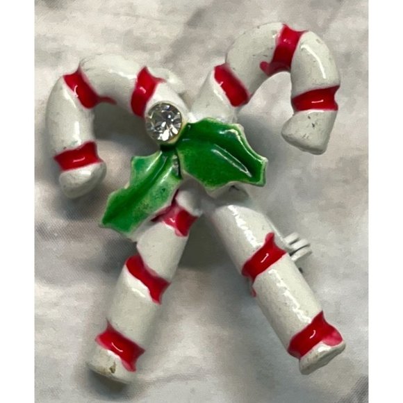 Vintage Candy Cane Christmas Pin Brooch White Red Striped with Holly Leaf - Picture 5 of 6